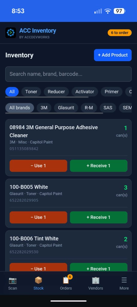 ACC Inventory app — paint shop stock list with barcode search, Use 1 and Receive 1 for body shops