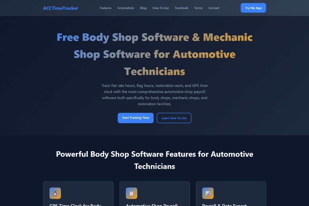 ACCTimeTracker.com homepage — body shop and mechanic shop time tracking software