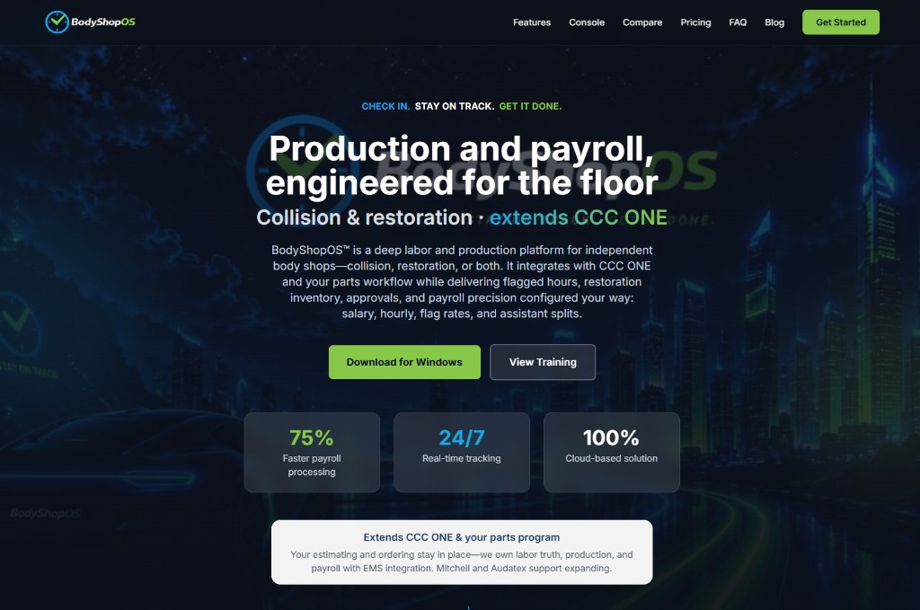 BodyShopOS.com homepage — collision and restoration production and payroll software