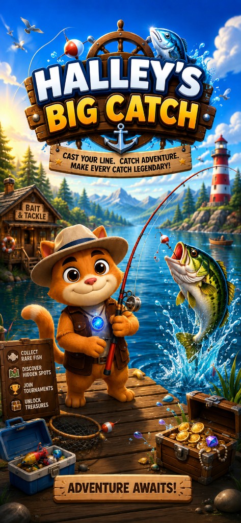 Halley's Big Catch — free installable 3D cat fishing PWA game promotional artwork