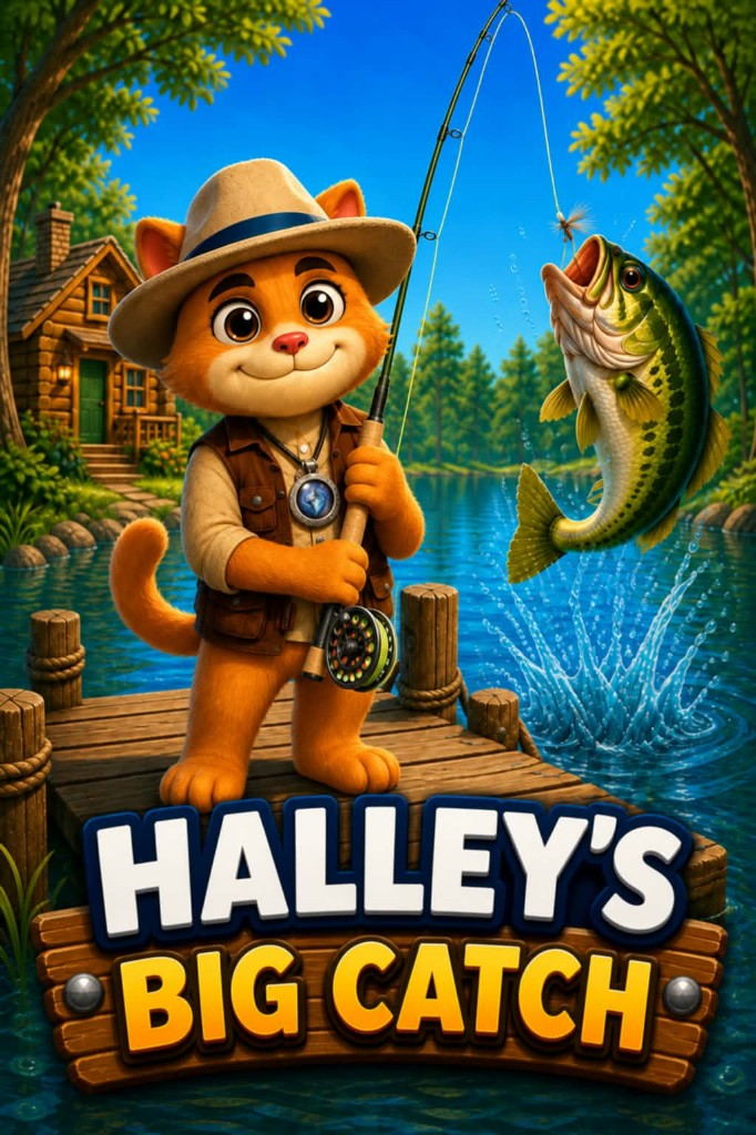 Halley fishing Hidden Pond in Halley's Big Catch, a cartoon cat fishing game