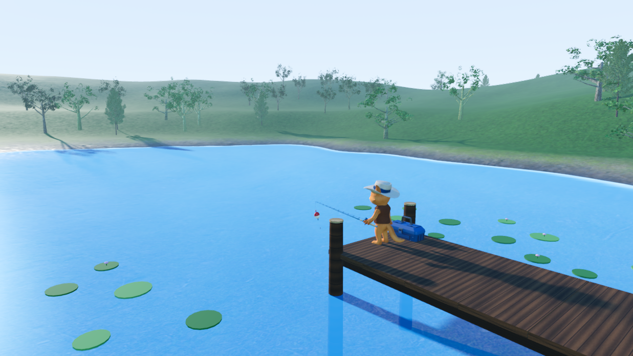 Halley's Big Catch — Halley on the Hidden Pond dock with lily pads and rolling green hills