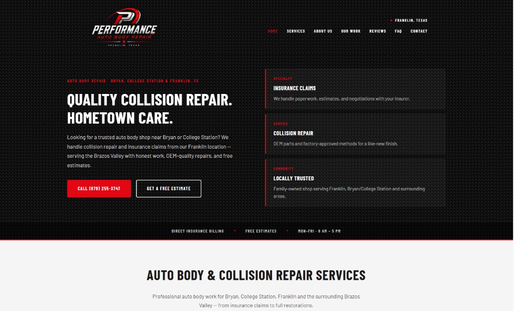 Performance Auto Body Repair homepage — collision repair in Bryan, College Station and Franklin TX